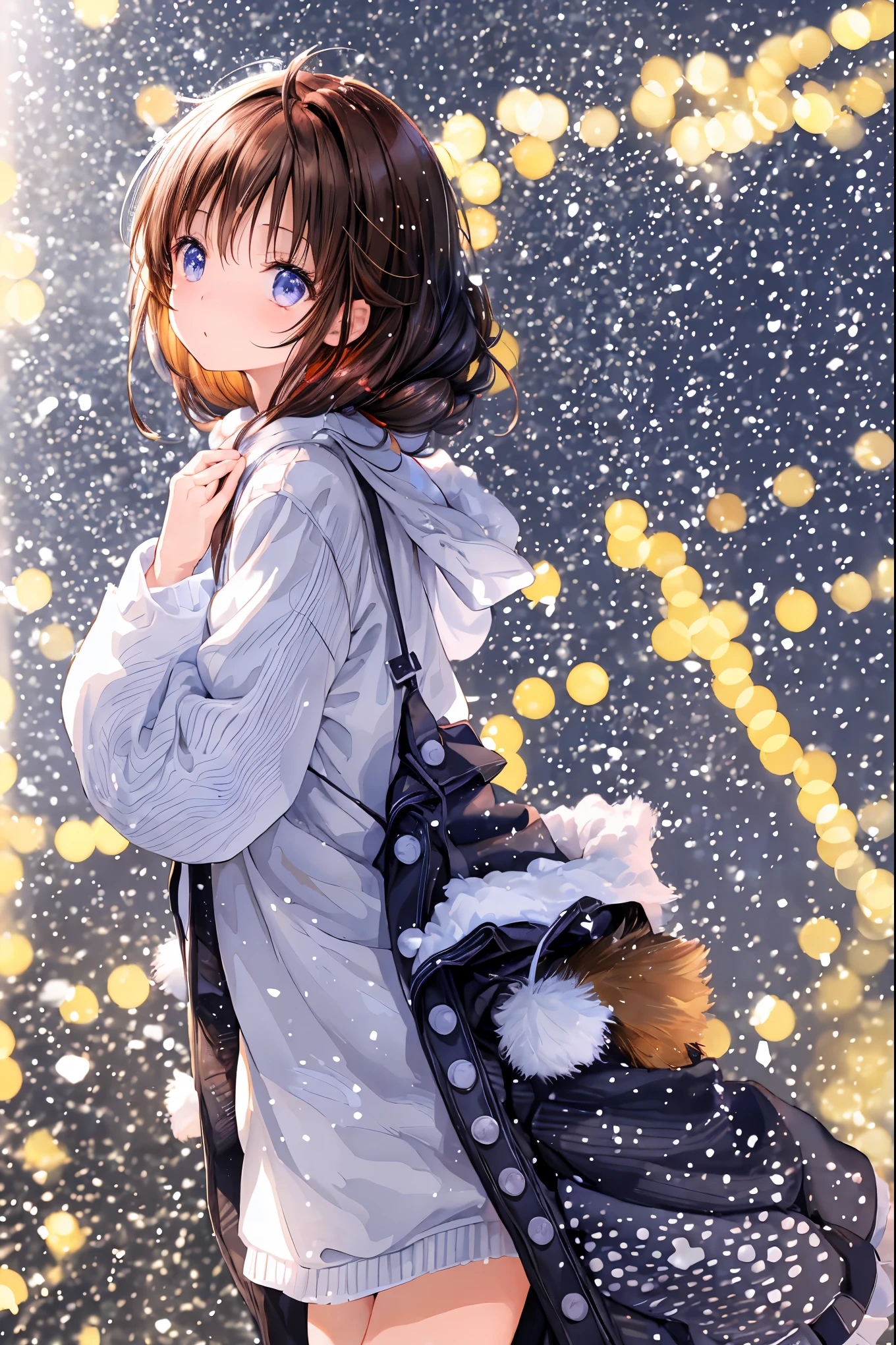 Winter clothes、Red coat、Bare legs、( top quality ,Masterpiece:1.3, Ultra-fine ),( very detailed, caustics,8k),( realistic :1.4,RAW shooting),18 years old, Japanese , cute, カメラを見て笑faceで ,( face :1.2),( faceクローズアップ :1.2),(Low position:1.3),( low angle:1.4), brown hair, Shortcut , slender beauty , messy hair,Cityscape, brown hair, Shortcut , Unkempt Hair ,Short braided hair,Neat, slender beautiful woman,Correct posture,Small chest, Beautiful Legs, Enchanting gray-blue eyes are shining like stars,Droopy eyes, bright color, beautiful eyes,繊細な笑face,Textured Skin, Best Quality at its Best , gentle and beautiful woman , anime style、