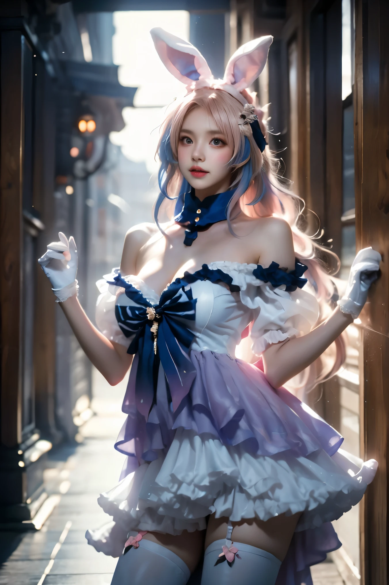 sangonomiya kokomi cosplay costume, sangonomiya kokomi, genshin impact, cosplay, alternate costume, pink hair, gradient hair, multicolored hair, long hair, dress, off-shoulder dress, frilled dress, frills, bow, detached collar, detached sleeves, dress bow, bare shoulders, fake animal ears, animal ears, rabbit ears, hair ornament, gloves, white gloves, thighhighs, white high heels (cowboy shot:1.3), (from below:1.2),photorealistic beautiful woman, fashion model with long legs, (standing in hallway:1.2), portico corridor, single bare shoulder, (elegant contrapposto pose:1.2), graceful stance, slim athletic figure, (high detailed skin:1.2), (Full breasts, visible cleavage, very short hemlines, revealing smooth thighs), soft ambient lighting, cinematic lighting, depth of field, 85mm portrait photography, natural shadows, professional fashion photography, high-end magazine style, high resolution, masterpiece, best quality, intricate details, hyperrealistic