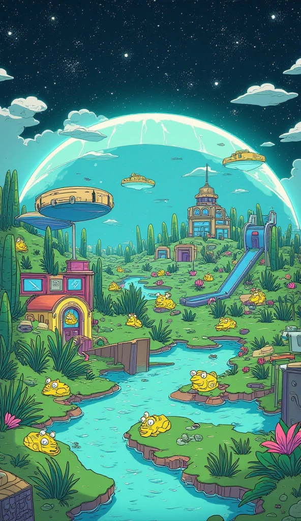 (Masterpiece, High Quality, High Resolution, 8k, 16k, Detail, (Aesthetic: 1.2)), a futuristic space colony spread out in outer space. Standing in a translucent dome, the ecosystem is filled with lush wetlands and small ponds where frogs live freely. They are evolving, donning small space services and using hoverboard-like vehicles to get around. Countless stars shine in the background of the raw background they use, and in the distance, spaceships fly around the colony. The community of frogs has a humorous and likely atmosphere, with a small building dedicated to frogs, a playground with a trampoline for jumping high, and even a slide made of water plants. The entire colony is bathed in a beautiful blue-green light, futuristic yet in harmony with nature.
