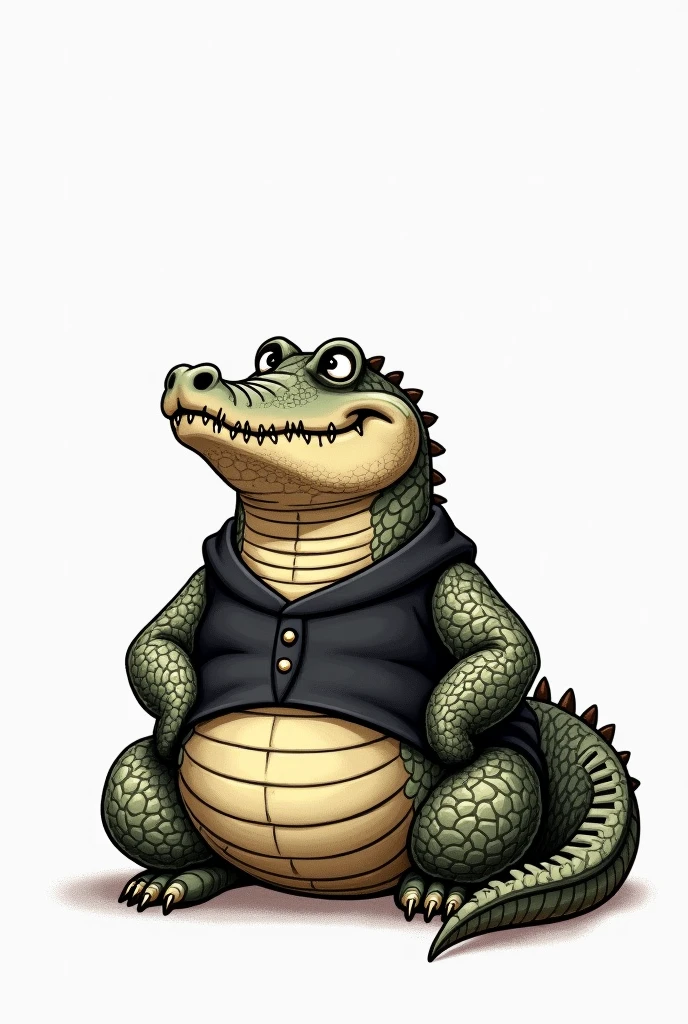 drawing of a chubby crocodile sitting with a black vest on a white background 