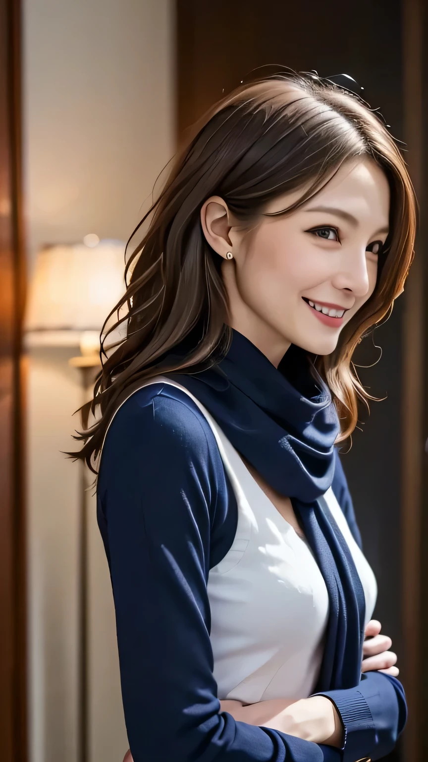 very detailed, Masterpiece , top quality, (( photorealistic:1.2)), (( Perfect Skinny Body :1.2))、Super skinny 40 year old woman , detailed face , beautiful detailed eyes 、(( Completely-valid)) 、(()), ( slim, toned and beautiful body:1.3)、((light brown hair 、 disheveled wavy long hair:1.1、 commemorative photos)), graceful and sophisticated 、goddess、(( waist to head ))、((flight attendant uniform 、 Long Sleeve 、 scarves 、Navy Blue))、((Dark city background))、(( Fresh Smile :1.2))、(( Professional Cool Lighting))、 、 from side