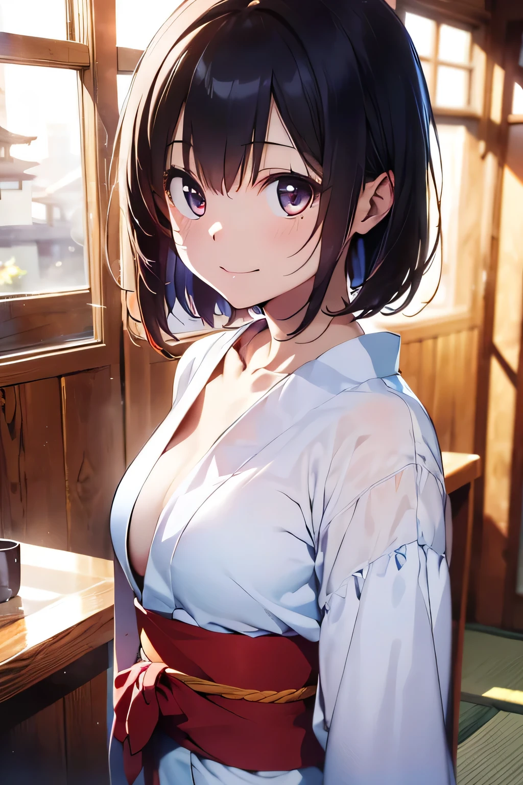 (extremely high quality artwork), (extremely detailed CG 8k), (masterpiece) ,(extremely cute girl), short, (innocent face), ((innocent smile)), shiny hair, (slim body), (small breasts), ((finely detailed beautiful eyes)), (eyes with brightness), look at viewer, arched back, ((nsfw)), ((she puts on japanese kimonos)), (under boob), no bra, (((lower body is completely naked))), (((no panties))), beautiful skin, pale skin, shiny skin, (bright color), vibrant colors, natural light, (glare), 
