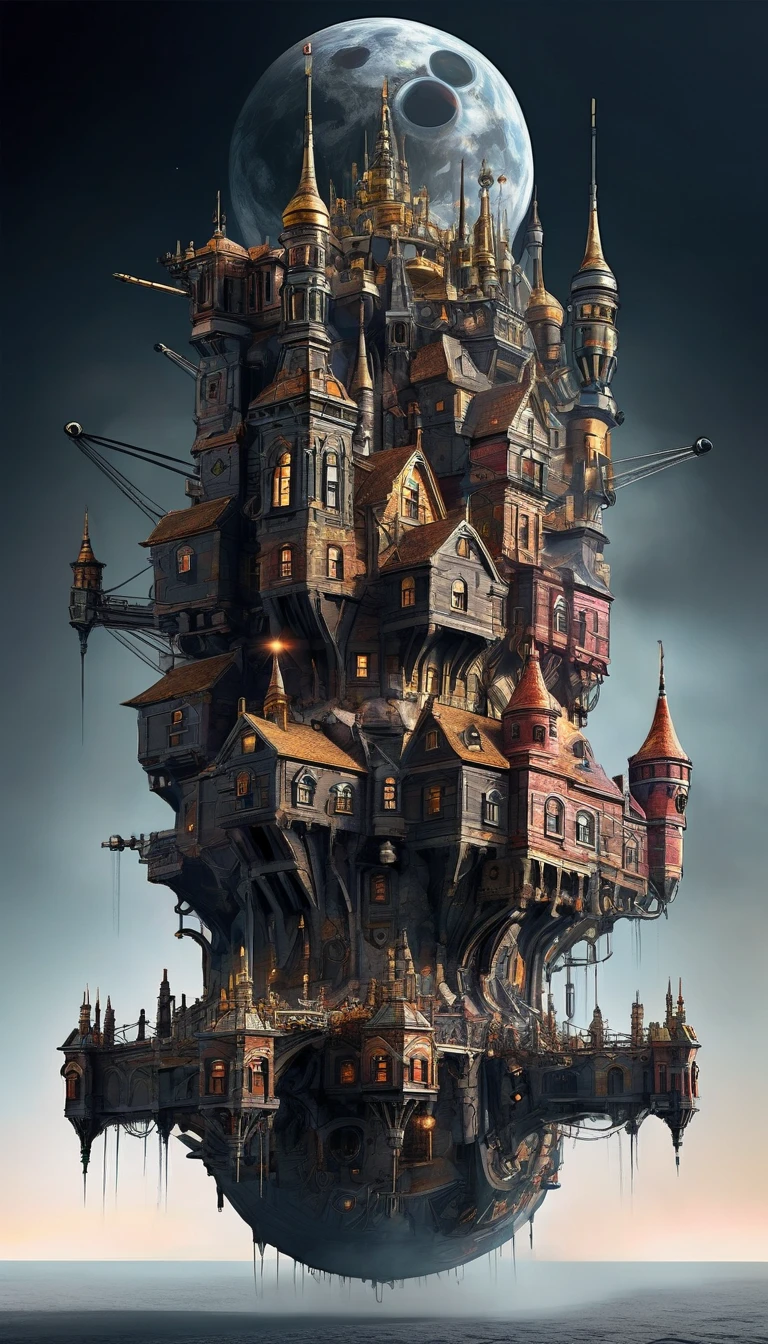 A hyper-detailed digital graphic art depicting a colossal mechanical castle floating in the vast expanse of space, The castle is composed of an intricate assembly of countless small parts each meticulously designed, The background features the eerie and captivating presence of a black hole its gravitational pull adding a dramatic tension to the scene, The overall composition is otherworldly and mystical capturing the essence of an AI-controlled ever-expanding machine fortress,