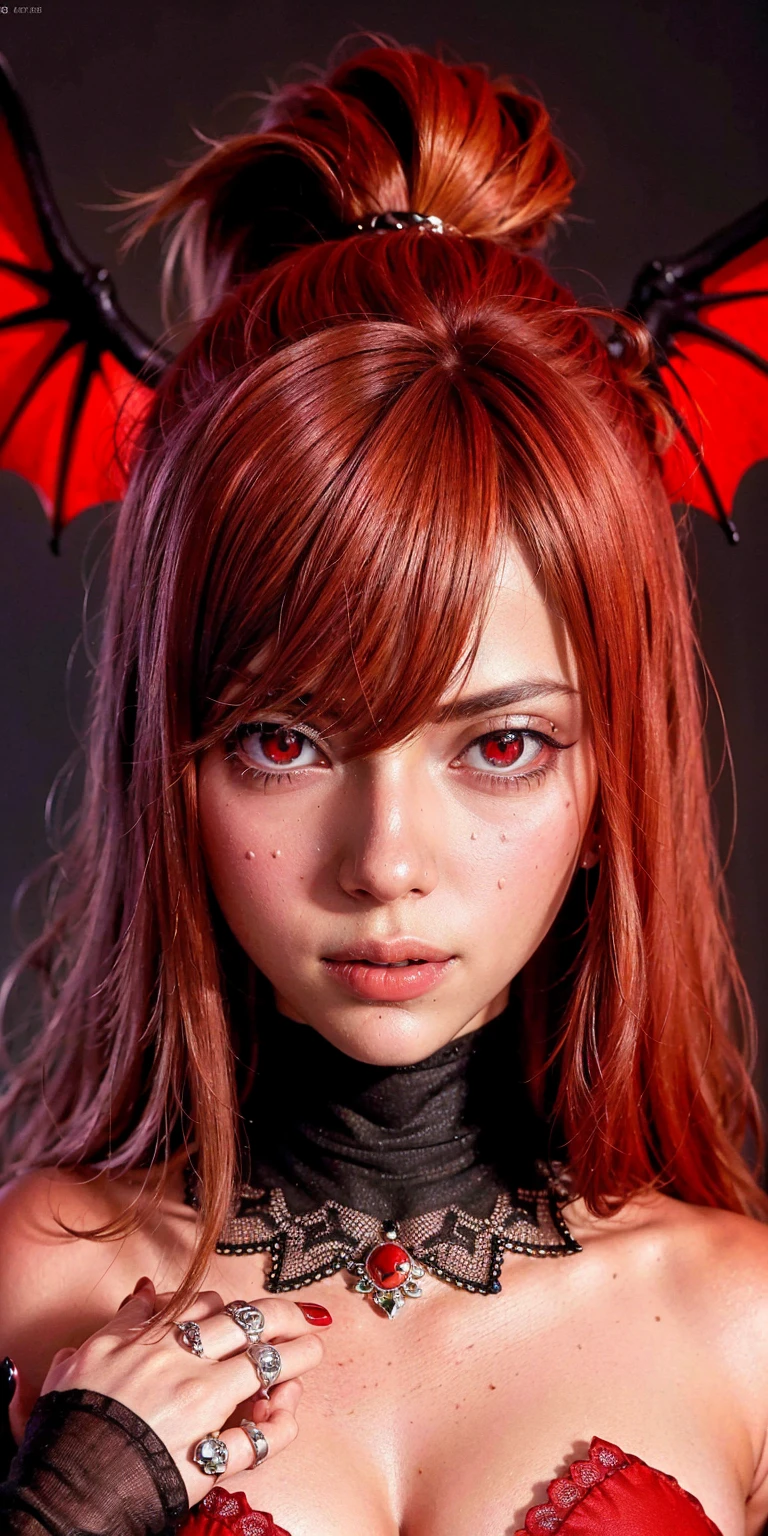 Fine, (Best Illustration), 8k Resolution, Intricate Details, Best Quality, Realistic, Ultra Detailed, Best Lighting, Best Shadows, Ultra HD, MyNataLee woman, Necromancer, Night:1.5, Magic, Dark Style:1.5, Vampire:1.5, Bat wings, (shining red eyes:1.6), masterpiece, high_res, Beautiful face, tyndall effect, photo realistic, (high detailed skin:1.2), 8k uhd, dslr, high quality, Photograph, high resolution, 4k, 8k, Bokeh, absurdres, ponytail contorted, best ratio four finger and one thumb, dark, succubus
