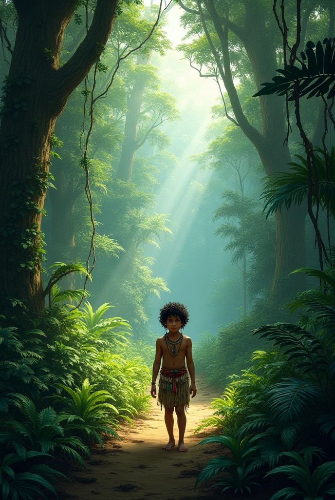 Kusi and the Sacred Numbers, indigenous male child from the Amazon, Beautiful landscape