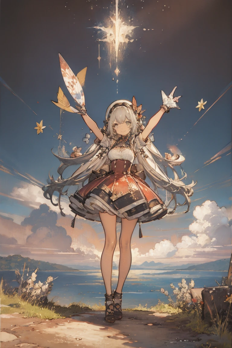 ((masterpiece,Best Quality,   Details)), full body,  Panorama , (((long shot))), ((Distant view)), Vast landscape, aerial view, ( 1 girl:1.2), alone,happy, open arms, ( charming smile in a crowd:1.3), standing , looking up,  (sea:1.3),(Starry Sky:1.3) ,  expansive landscape,  chibi, Focus on the stars 