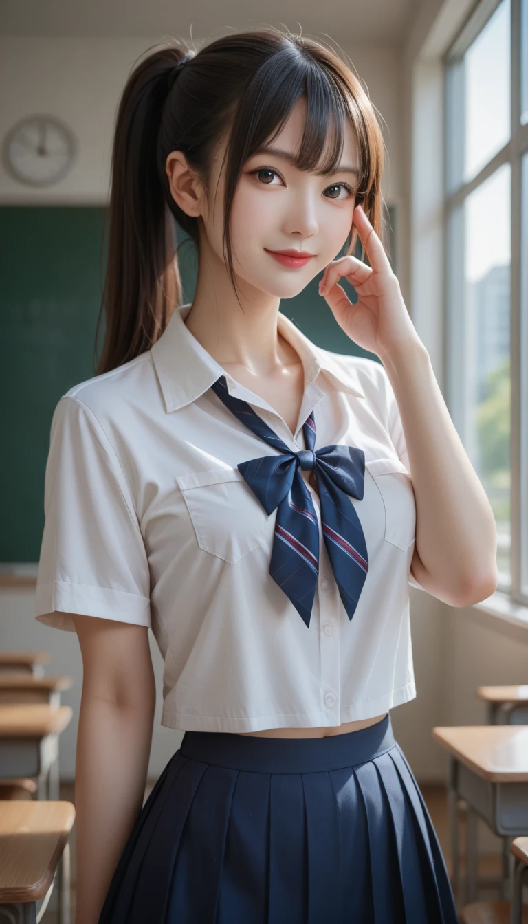 Best quality, masterpiece, ultra-high resolution, 8K, (reality: 1.4), RAW shooting, most detailed face, very detailed and perfect anatomy, live photography; most beautiful face; shining skin; one 18-year-old Japanese.My bangs and eyes are big and cute.It has brown eyes, gentle eyes, long brown hair, a young face, and a large chest.E-cup. Look at the audience.angelic smile.Cosplay, Japanese high school girls, glossy white short-sleeved shirts, red ribbons, plaid pleated skirts, and a ponytail.((a smiling face))school library.