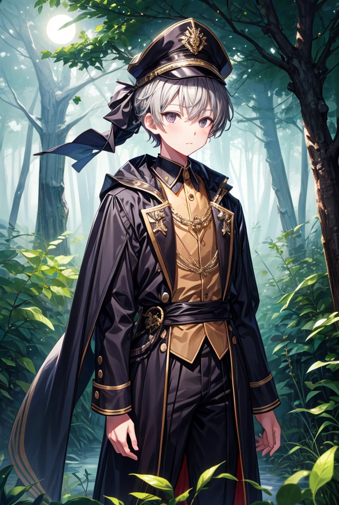 1boy, solo, costume cap, darkgray hair, black eyes, costume outfit, moonlight, forest, glowing, high resolution, best quality,