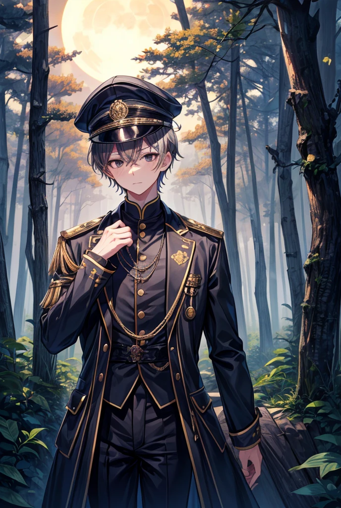 1boy, solo, costume cap, darkgray hair, black eyes, costume outfit, moonlight, forest, glowing, high resolution, best quality,