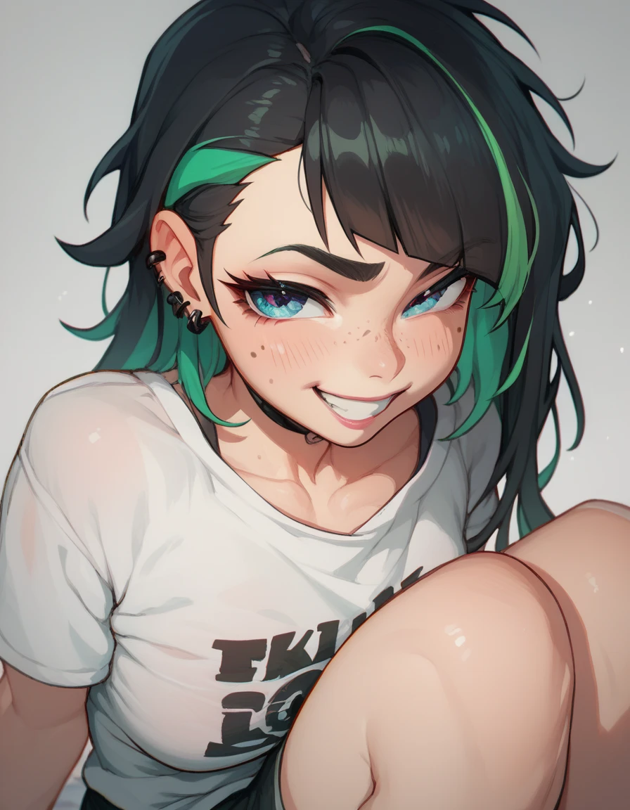 Loli with short and straight black hair with a cold look with green highlights with freckles on her face she must not be smiling but ashamed and with a closed face and a black t-shirt 