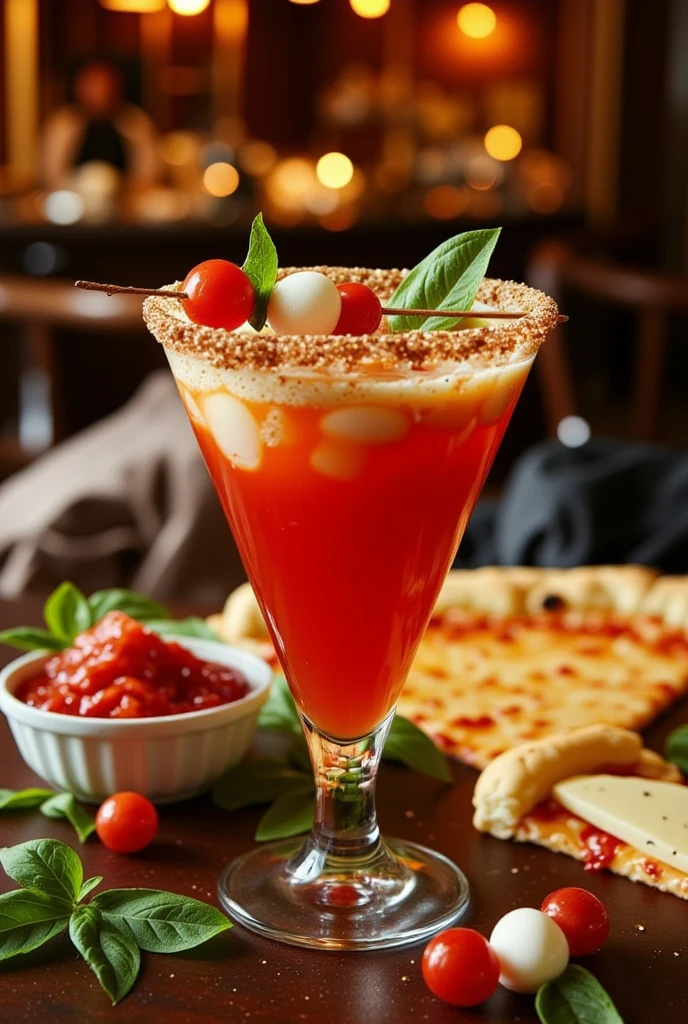 A bold and quirky cocktail titled "Le Cockza," inspired by the flavors of a classic pizza, served in a glass shaped like a pizza slice.  
The drink combines tomato juice, basil-infused vodka, a touch of mozzarella foam, and a dash of oregano and black pepper.  
The rim of the glass is lined with crushed parmesan cheese, and the garnish features a mini skewer with a cherry tomato, a basil leaf, and a cube of fresh mozzarella.  
Ingredients are arranged around the glass: a small bowl of tomato purée, fresh basil leaves, a wedge of parmesan, and a slice of pizza for visual flair.  
The background is an Italian trattoria with warm lighting and rustic décor.