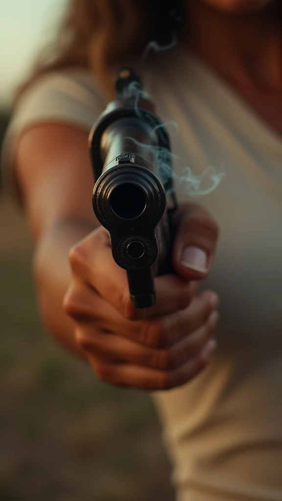 A cinematic close-up of a cowgirl's bare hand holding a black six-shooter revolver, mid-action as it fires, with smoke trailing from the barrel. The focus is solely on the hand and the gun, with a hint of her arm visible from the side, wearing a white T-shirt. The revolver's intricate design is emphasized. The background is softly blurred, creating a dramatic and immersive effect. The scene is illuminated with warm, Western-style lighting, enhancing the intense and cinematic atmosphere