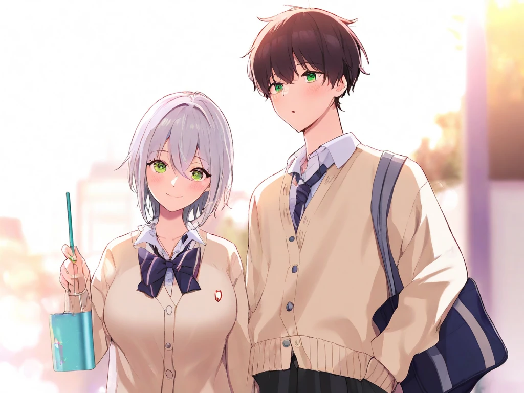  silver hair short hair、 high school girl wearing a beige cardigan who is leaving school with her boyfriend、 green eyes、Height: 150cm、Breasts are about D cup、I'm having lunch at school with my boyfriend