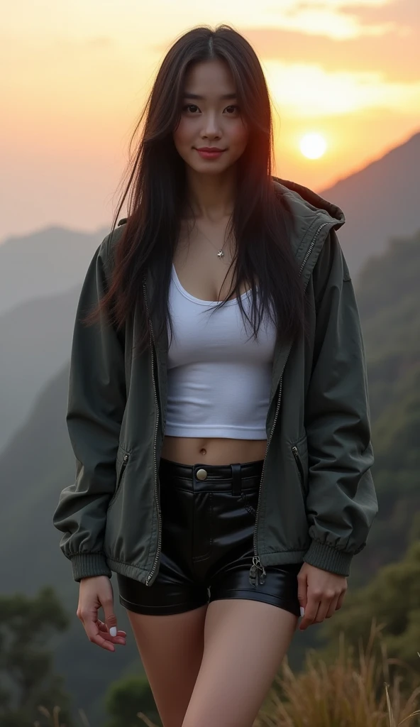 ((HD)), ((whole body)) Landscape pictures, ((forest))((wearing an unbuttoned raincoat and underwear)), ((Lockheed Vega 5B in the Arctic)), ((enchanting)), ((Hair tied in a bun)), ((Looking at the camera)), detailed, detailed pretty face, Clear focus, (detailed and intricate), 4K, Leica 35mm F2.8, Fuji Superia Reala 100