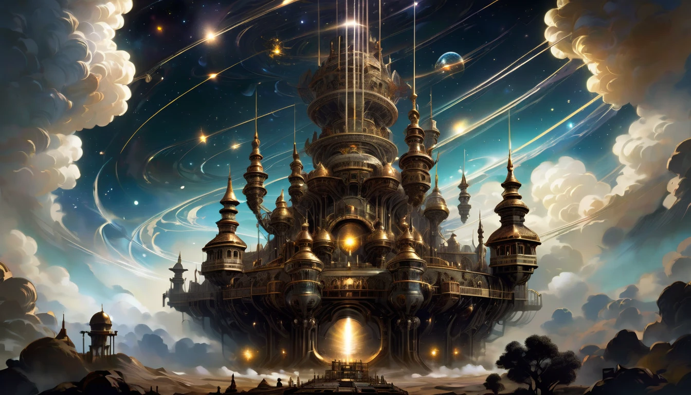 A hyper-detailed digital graphic art depicting a colossal mechanical castle floating in the vast expanse of space, The castle is composed of an intricate assembly of countless small parts each meticulously designed, The background features the eerie and captivating presence of a black hole its gravitational pull adding a dramatic tension to the scene, The overall composition is otherworldly and mystical capturing the essence of an AI-controlled ever-expanding machine fortress,