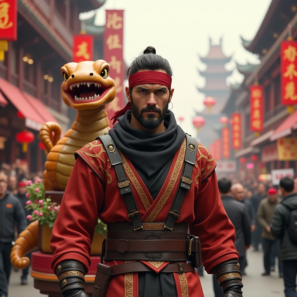 Video Game Character Solid Snake dressed in traditional Chinese attire with red and gold colors , has rugged beard stubble and wearing a bandana,  leading a Chinese New Year parade,  Behind him there is a float featuring a cartoon snake character dressed in Chinese Attire, Float has Plum Blossoms and decorative greenery, lanterns, crowd holding up signs saying "Year of the Snake" , (Chinese New Year parade banners with "Year Of The Snake"