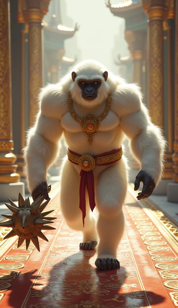 a creature with a human body without clothes wearing only trousers, monkey-faced, wearing a crown on the head, carrying a royal spear in hand, facing forward , realistic 4k, full shoot body