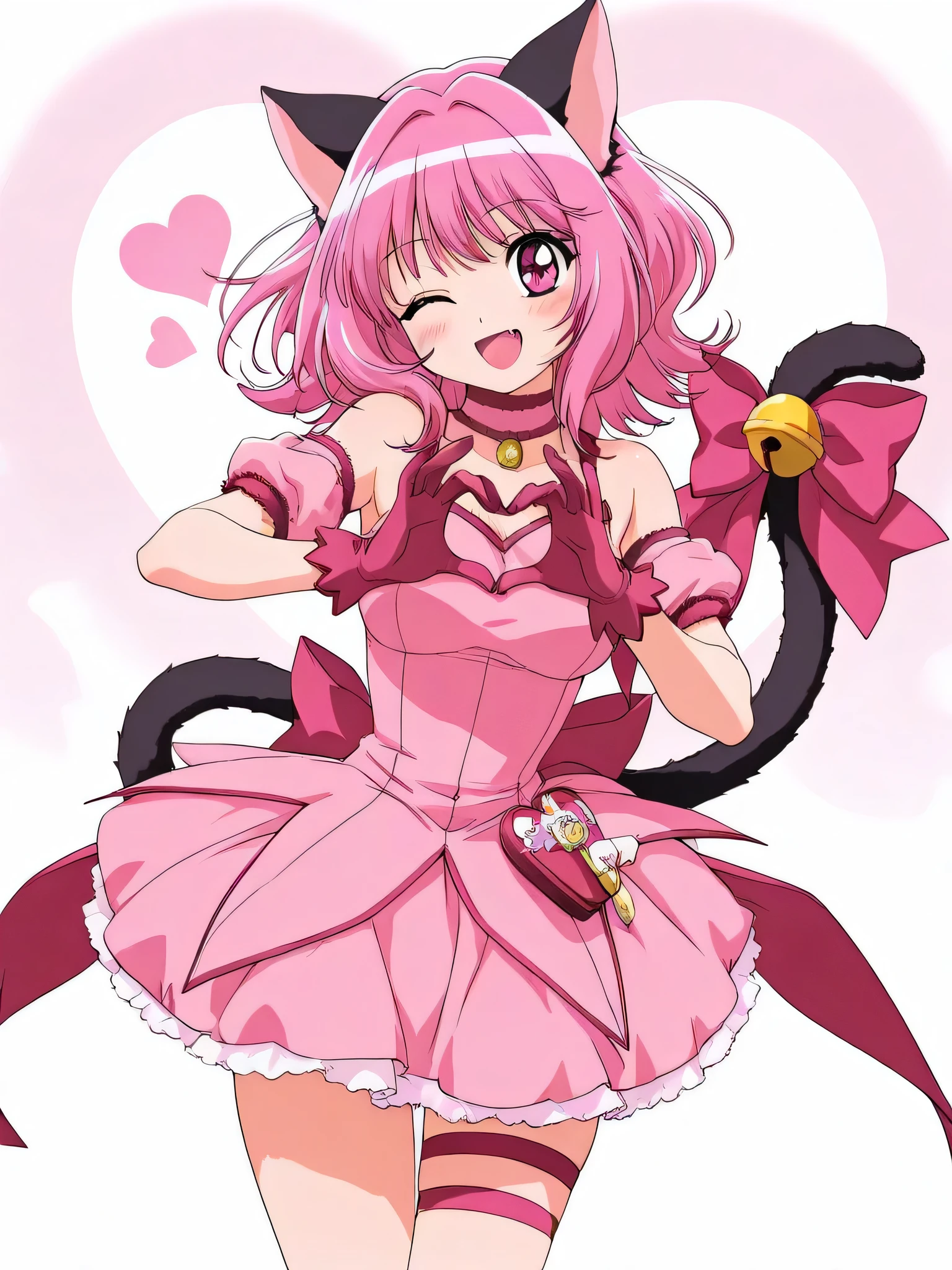 1girl ,animal ears ,bare shoulders ,bell ,blush ,bow ,breasts ,cat ears ,cat girl ,cat tail ,choker ,detached sleeves ,dress ,fang ,gloves ,medium breasts ,looking at viewer ,magical girl ,medium hair ,one eyes closed ,open mouth ,pink bow ,pink choker ,pink dress ,pink eyes ,pink gloves ,pink hair ,pink sleeves ,pink theme ,puffy detached sleeves ,puffy sleeves ,smile ,solo ,upper bode ,tail ,tail bell ,tail bow ,tail ornament ,thigh strap ,thighs ,heart ,heart hands ,masterpiece, best quality, ultra detailed ,