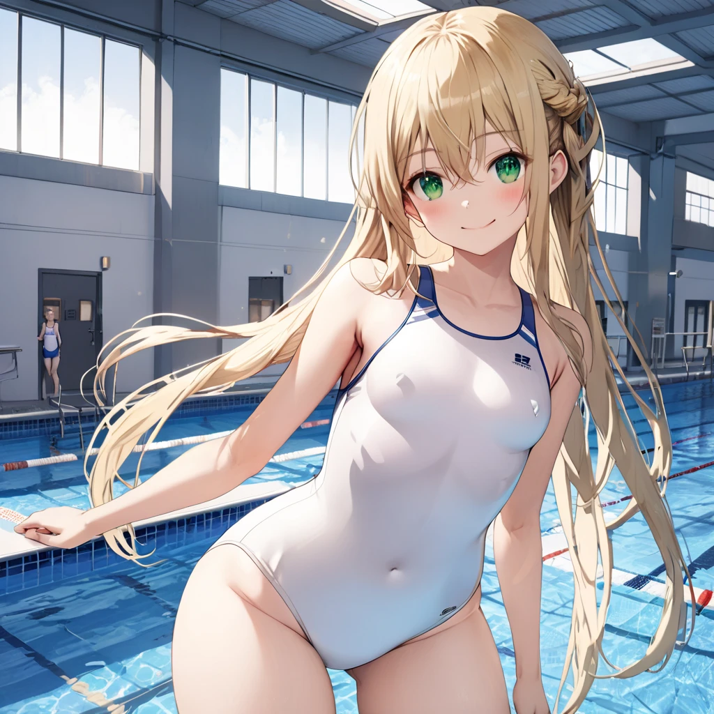 ( One Girl ), blonde hair, green eyes,short hair ,smile,blush、(long sidelocks:1.5), ( small tits:1.5),(white school swimsuit flap:1.5),(Thighs:1.5),stand、Pool、front、 cowboy shot、( perfect anatomy ),( best quality), ( ultra hi-res), (超 high definition ), ( Highly Detailed CG), (32K), (masterpiece)、eyesHD