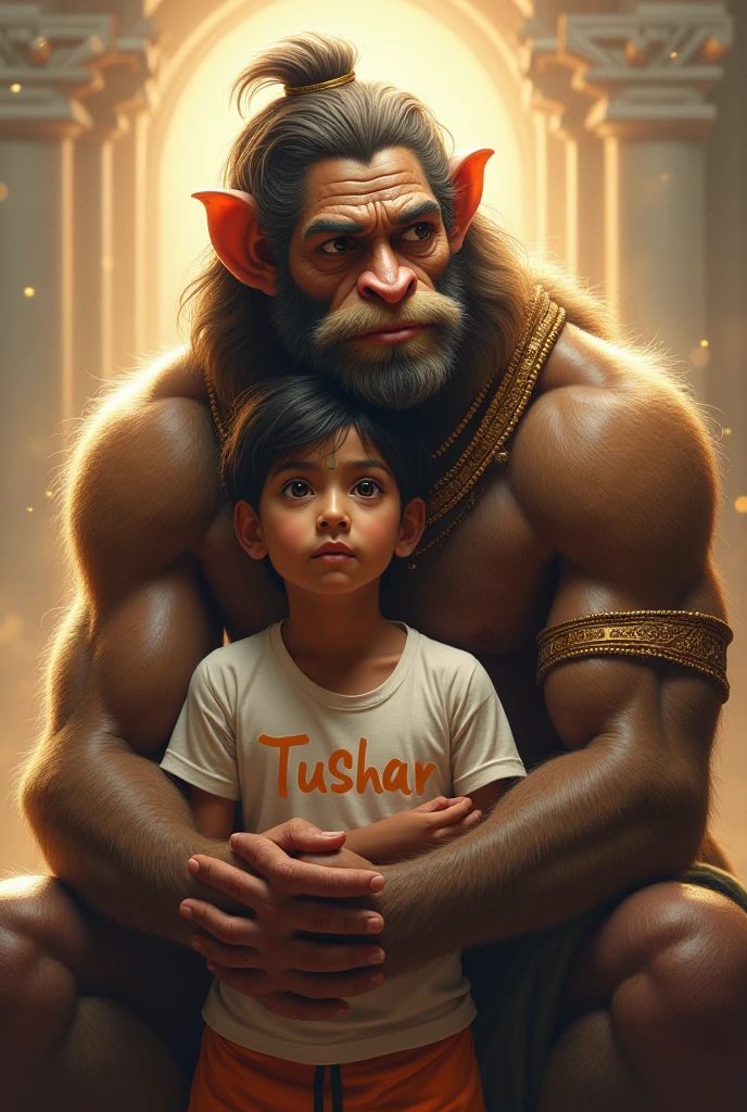 years old girl walking and hanuman coming after her and hanuman's hand putting on girl head on mountains. Both are smiling. girl is wearing saffron t-shirt and name "KAJAL" write on it with bold. he looks very realistic, cute, tilak Deccan on your head, and happy. very realistic pictures, high quality picture, realistic mountain, forest moment.sun lights reflection , the words"JAI SHREE RAM" write top Sky. make sure text must be correct & correct.