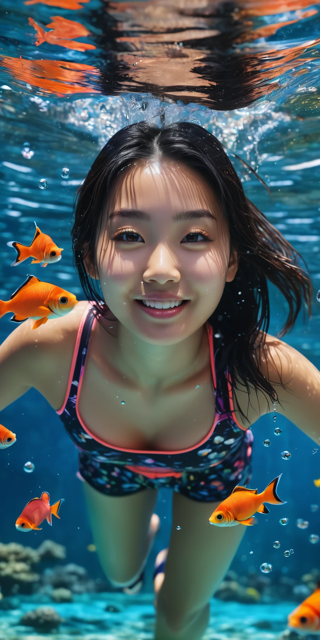 There is a girl swimming in the water, happy smile, sunny face, innocent girl, big, lots of blisters, bubbles, a lot of fish, cute digital painting, beautiful digital artwork, realistic effect, high texture