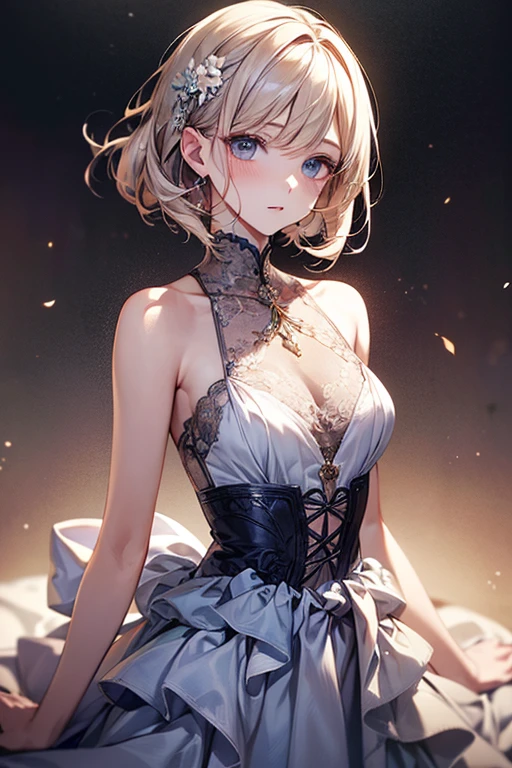 ((Highest quality)), ((masterpiece)), (detailed), A large amount:1.2),extremely detailed cute anime face, (((Flat Chest))), (Flat Chest:1.1),((((Short Bob Hair)))),Complex eyes,beautiful detailed eyes,Symmetrical eyes,(((detailed face))),beautiful detailed lips, If you look at this, (((Embarrassing))),(emotional expression),(Are crying),High resolution,(Highest quality),(ultra detailed,extremely detailed),Perfect Face details, ((masterpiece:1.4, Highest quality))+, (ultra detailed)+,, cute, (Flat Chest:1.1), Small breasts, the body is slim, skinny, (Narrow waist), prominent clavicle, skinny arms, Flat Stomach, The bones of the pelvis are visible, White blonde hair, Perfect Face, detailedなボディ,Complete limbs,Decorated dress, Anatomically correct, excessively decorated knee-high socks,Skirt roll up