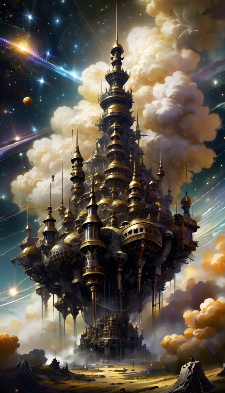 A hyper-detailed digital graphic art depicting a colossal mechanical castle floating in the vast expanse of space, The castle is composed of an intricate assembly of countless small parts each meticulously designed, The background features the eerie and captivating presence of a black hole its gravitational pull adding a dramatic tension to the scene, The overall composition is otherworldly and mystical capturing the essence of an AI-controlled ever-expanding machine fortress,