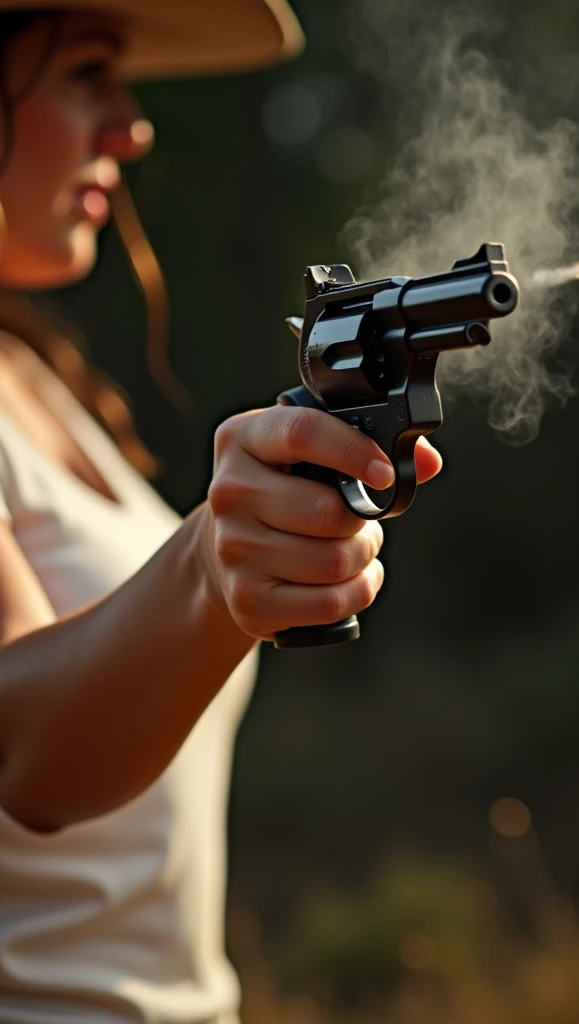 A cinematic close-up of a cowgirl's bare hand and forearm, visible from the side, wearing a white T-shirt, holding a black six-shooter revolver. The revolver is aimed and just fired, with smoke trailing from the barrel. A bullet is depicted as if it has just exited the muzzle, captured mid-air in motion. The focus is on the arm, hand, and the gun, highlighting the action and intricate details of the scene. The background is blurred, creating a dramatic Western atmosphere, illuminated with warm, cinematic lighting