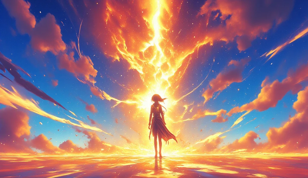  anime style、 Watercolor Style 、A symbol of the light of hope:
主人公が壮大な空をbackgroundに立っているシーン。

background: The protagonist looks ahead with strength。The sun breaks through the clouds, drawing a line of light、輝く空にhopeを感じさせる。With gold and white as the base color, which symbolizes hope。

 characters: and strikes a pose as if grasping the light、The setting is the infinite sky、光を掴むような poseを取る。Footprints of the path he has walked so far are drawn at his feet、A scene in which light particles float around。


 vibe:
勇気とhopeに満ちた情景を表現。情熱Symbolizes する暖かな赤やオレンジ、hopeSymbolizes する金や白を基調にし、 emphasizes strength by adding a deep blue gradation to the sky。

 charactersのデザイン:

clothing: 動きやすいアクティブなclothingで、A simple jacket and pants style。Expresses a scene full of courage and hope（hopeの光の象徴）Put on。

 pose: One hand stretched out towards the sky、The shining sky gives a sense of hope、His other hand is clenched into a fist, expressing determination。


Other elements:

Light effects: Countless light particles float around the main character、The composition of the illustration in the lyrics「my light」Symbolizes 。Light is gradually々It spreads to 、background全体に繋がるように演出する。

Expression of movement:  charactersの髪や衣服が風になびき、A small shining symbol on the chest。


theme:
「hope」「breakthrough」「Sparkle」「 Road to the Future 」 、An image that delivers emotion and energy to the viewer。