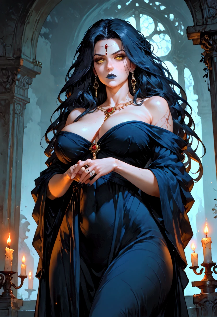 score_8_up, score_7_up, beautiful vampire queen girl standing in dark, black hair, no pupils, no sclera, red lips, ornate black dress, sharp fingernails, castle interior, indoors, moonlight, particles, ht, dark scene, fantasy,othalam style