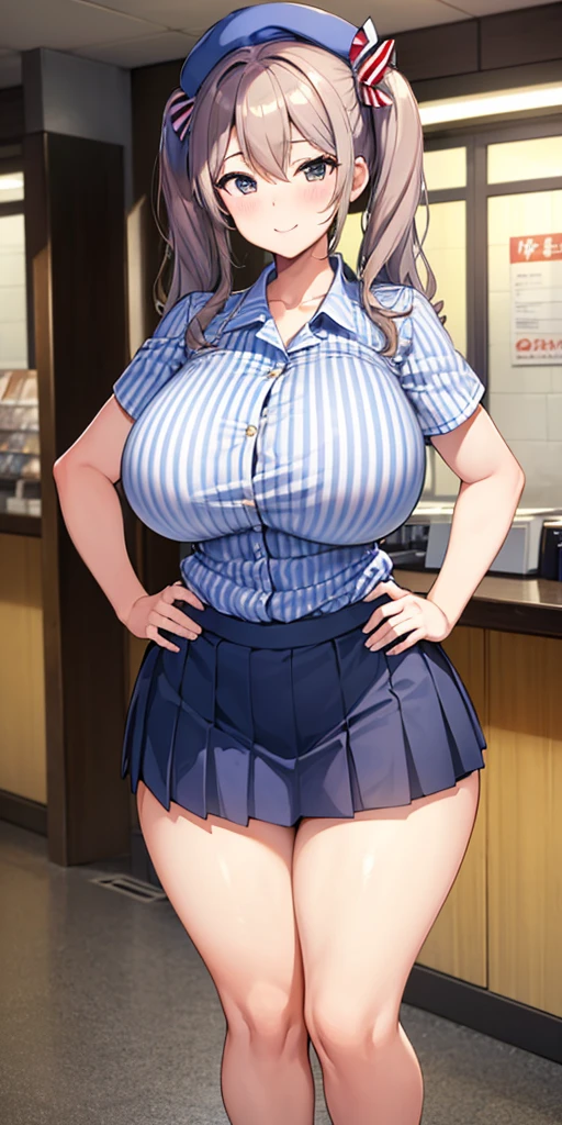 (masterpiece, Highest quality:1.2), alone, 1 girl, Kashima Lawson, smile, Looking at the audience, Hands on hips, Twin tails, beret, employee uniform, (Striped shirt), skirt,indoor, convenience store,(Huge round breasts:1.4),(Firm stomach),(athlete&#39;s chest),An athletic body,(Black bra),Firm stomach,Excited,Sweat,Troubled face,Showing off your bra,Accentuate your breasts,Open shirt,From below