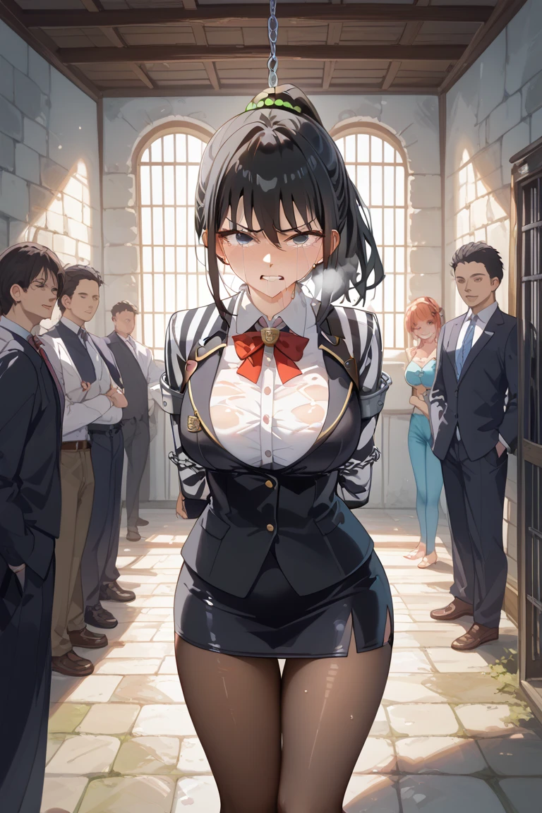  Short Black Hair 、 girl 、Female Spy、lock restraint、Tearing clothes、 Multiple Men 、defeat、 Rape、gang rape、 rape、Glare、Unyielding、Cheeky attitude、sex、prison、Caught、Slanted Eyes、sweat、Heavy breathing、Big Breasts、 superb female body 、薄 dark牢屋、prison、Female Spy、 no crying、get angry、 dark、tsurime、masterpiece, best quality,  large breasts, ponytail hair, suit、jacket, pencil skirt, black 、Medieval prison, evening、lock restraint、 pantyhose、開脚sex、restrained, handcuffs, neck cuff