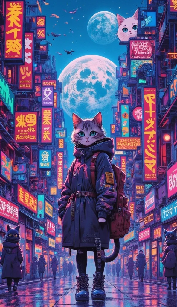 cyberpunk city, a giant planet in the sky, cat people in the street, a cat girl dressing in a large jacket, carrying a guitar case on her back, low ange, dutch angle,