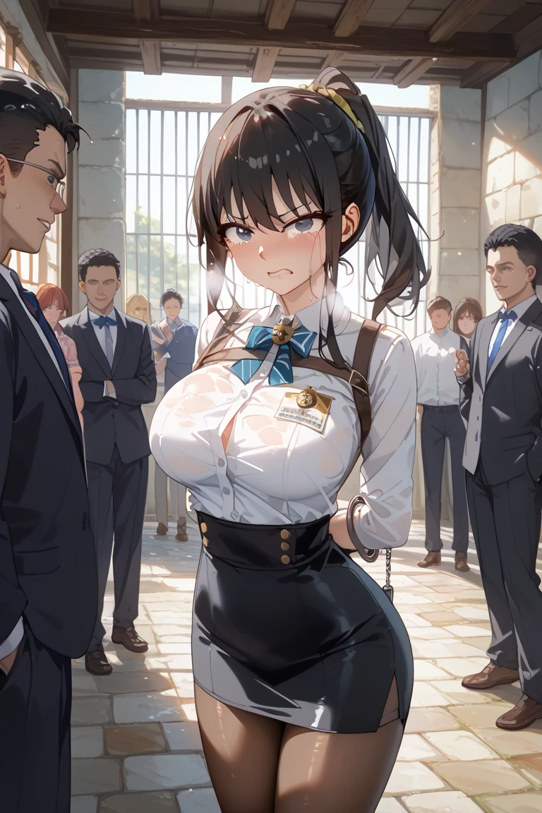  Short Black Hair 、 girl 、Female Spy、lock restraint、Tearing clothes、 Multiple Men 、defeat、 Rape、gang rape、 rape、Glare、Unyielding、Cheeky attitude、sex、prison、Caught、Slanted Eyes、sweat、Heavy breathing、Big Breasts、 superb female body 、薄 dark牢屋、prison、Female Spy、 no crying、get angry、 dark、tsurime、masterpiece, best quality,  large breasts, ponytail hair, suit、jacket, pencil skirt, black 、Medieval prison, evening、lock restraint、 pantyhose、開脚sex、restrained, handcuffs, neck cuff