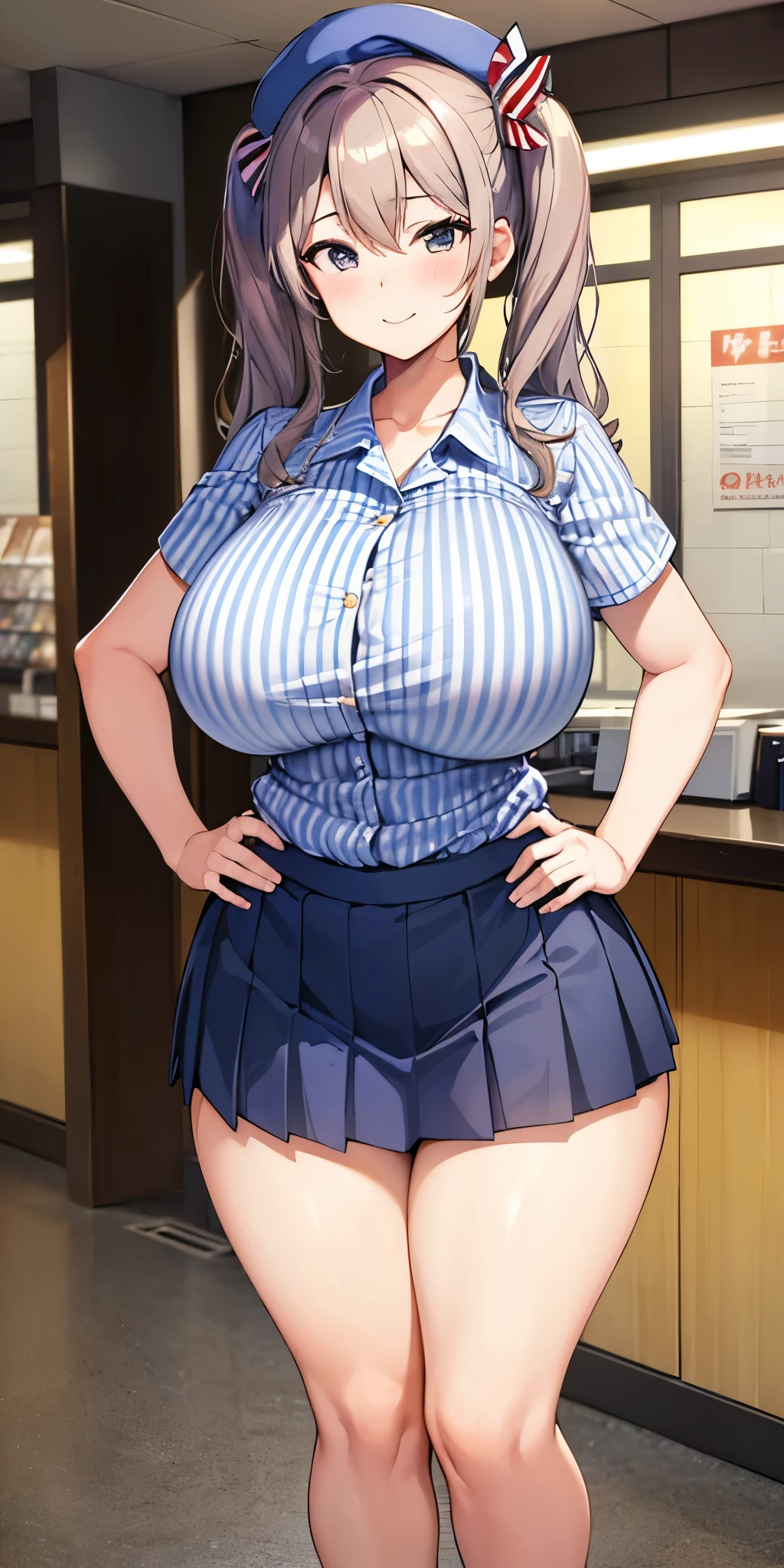 (masterpiece, Highest quality:1.2), alone, 1 girl, Kashima Lawson, smile, Looking at the audience, Hands on hips, Twin tails, beret, employee uniform, (Striped shirt), skirt,indoor, convenience store,(Huge round breasts:1.4),(Firm stomach),(athlete&#39;s chest),An athletic body,(Black bra),Firm stomach,Excited,Sweat,Troubled face,Showing off your bra,Accentuate your breasts,Open shirt,From below