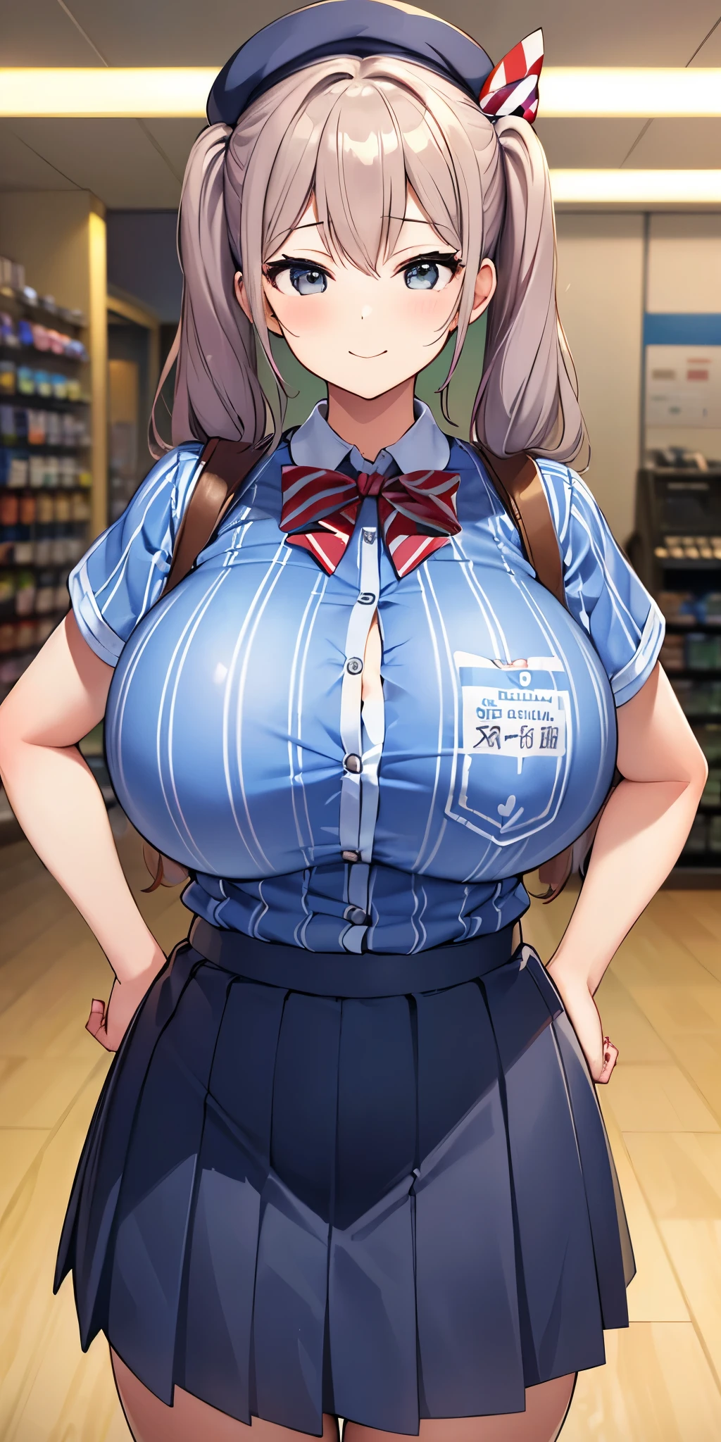 (masterpiece, Highest quality:1.2), alone, 1 girl, Kashima Lawson, smile, Looking at the audience, Hands on hips, Twin tails, beret, employee uniform, (Striped shirt), skirt,indoor, convenience store,(Huge round breasts:1.4),(Firm stomach),(athlete&#39;s chest),An athletic body,(Black bra),Firm stomach,Excited,Sweat,Troubled face,Showing off your bra,Accentuate your breasts,Open shirt,From below