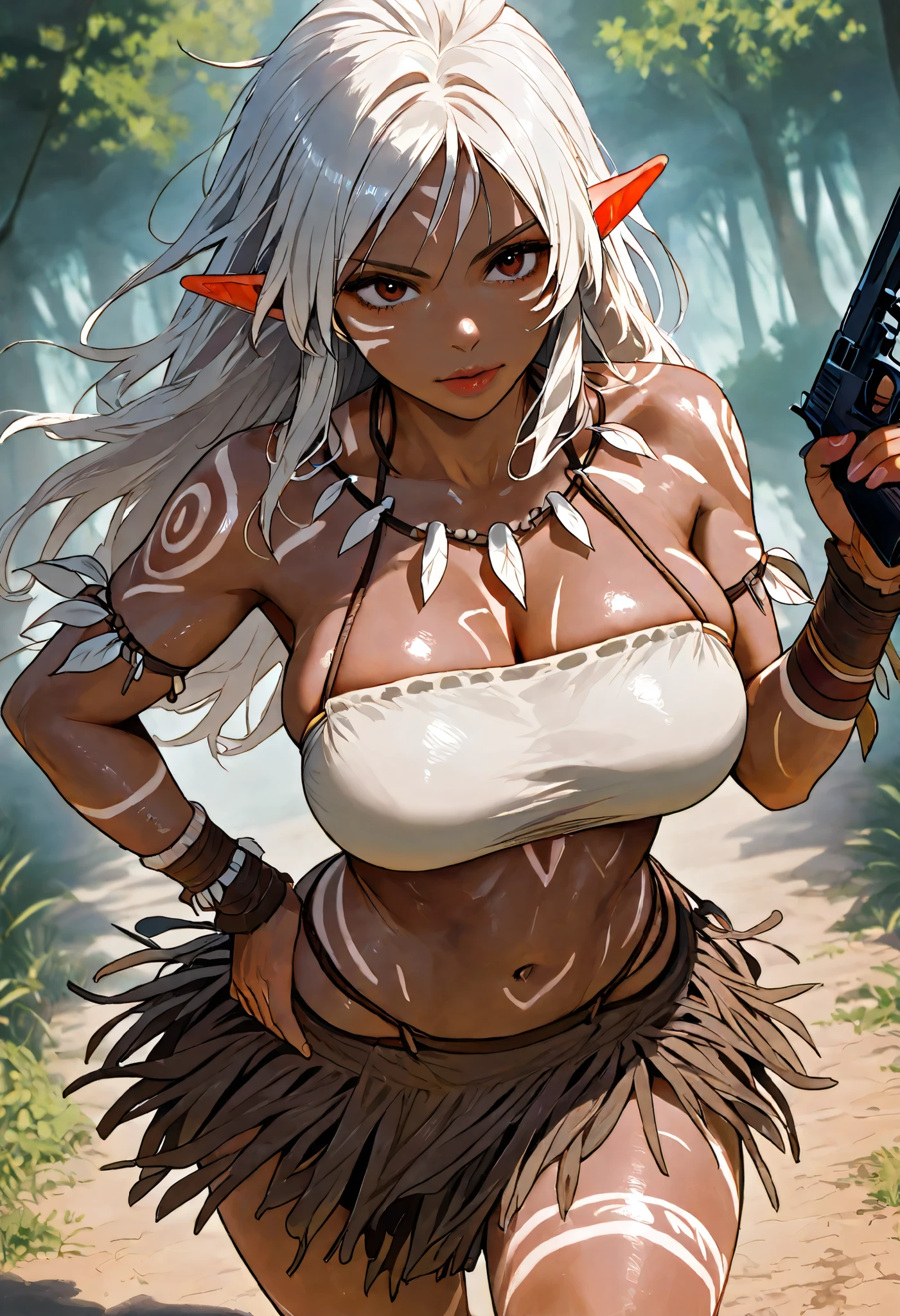 (Tribe)、( Dark Skin )、Big Breasted 、 deadleaf skirt 、 Tribal Girl 、( realistic texture )、 dynamic pose 、 ragged cloth clothes . white line tattoo、 dynamic angle、Big Breasts、Shoot a gun