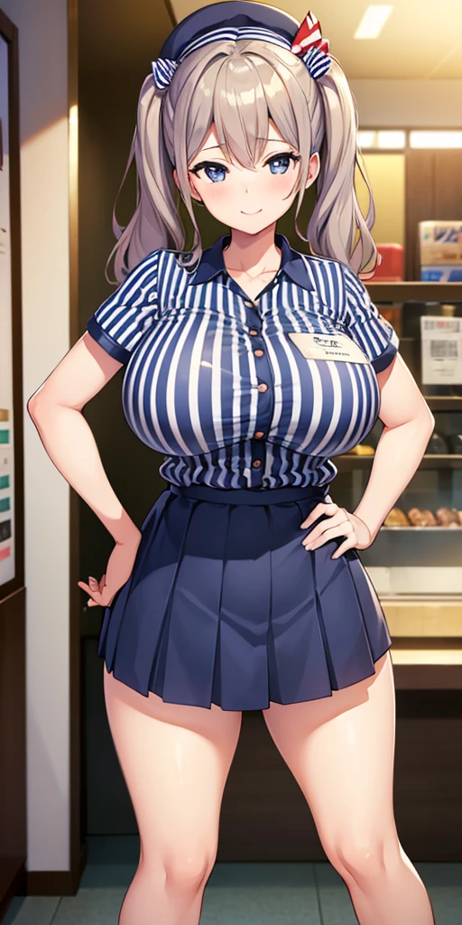 (masterpiece, Highest quality:1.2), alone, 1 girl, Kashima Lawson, smile, Looking at the audience, Hands on hips, Twin tails, beret, employee uniform, (Striped shirt), skirt,indoor, convenience store,(Huge round breasts:1.4),(Firm stomach),(athlete&#39;s chest),An athletic body,(Black bra),Firm stomach,Excited,Sweat,Troubled face,Showing off your bra,Accentuate your breasts,Open shirt,From below