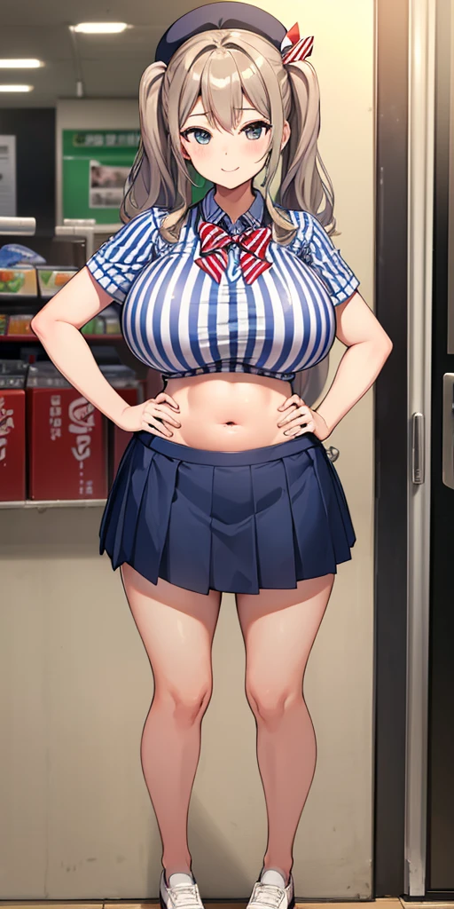 (masterpiece, Highest quality:1.2), alone, 1 girl, Kashima Lawson, smile, Looking at the audience, Hands on hips, Twin tails, beret, employee uniform, (Striped shirt), skirt,indoor, convenience store,(Huge round breasts:1.4),(Firm stomach),(athlete&#39;s chest),An athletic body,(Black bra),Firm stomach,Excited,Sweat,Troubled face,Showing off your bra,Accentuate your breasts,Open shirt,From below