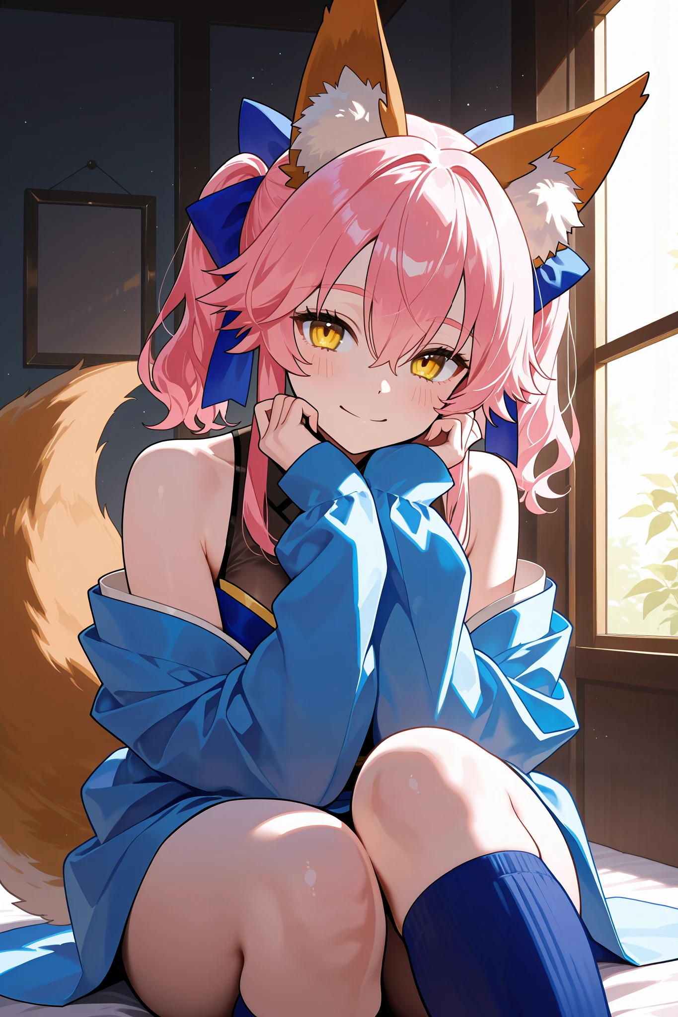 NSFW,masterpiece, top quality, high definition, very detailed,Tamamo、 pink hair、 hair between eyes 、 side lock、 short twin tails、 yellow eyes、 Beast Ears、Fox Ears、 Fox Tail , blue bow 、 big ribbon、 hair bow、 Blue Kimono 、 kimono、 shoulder out、 off the shoulder、 blue knee socks 、Sleeveless、band、 Long Sleeve