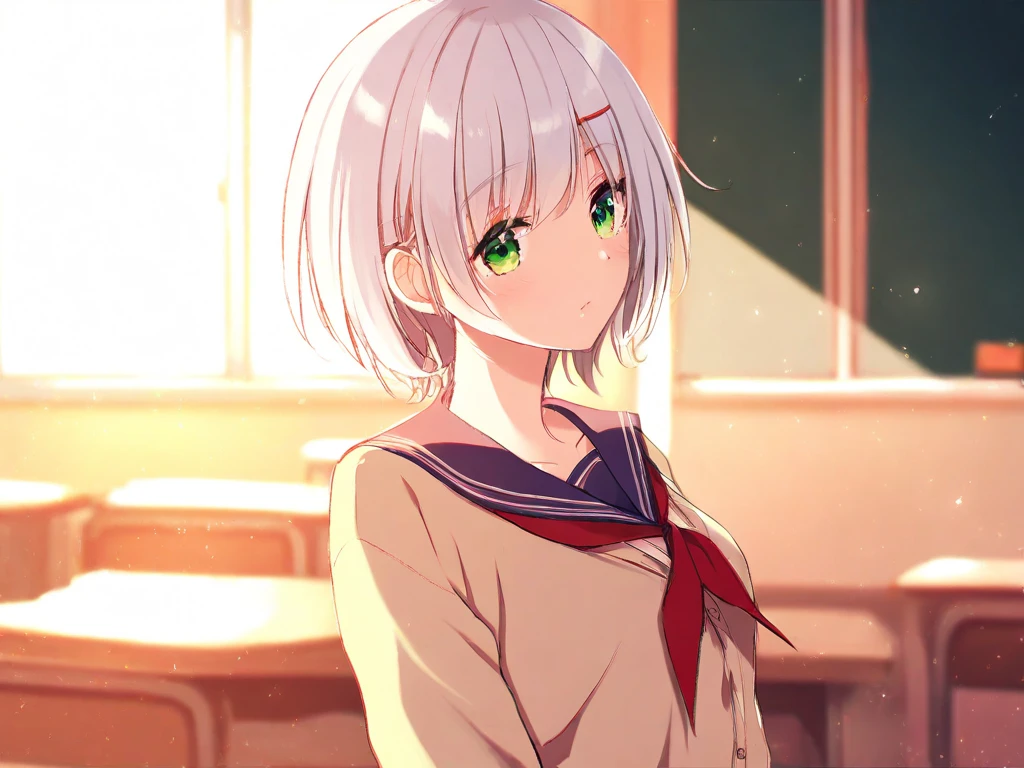  silver hair short hair、 high school girl wearing a beige cardigan who is leaving school with her boyfriend、 green eyes、Height: 150cm、Breasts are about D cup、Waiting for my boyfriend at my desk in the classroom