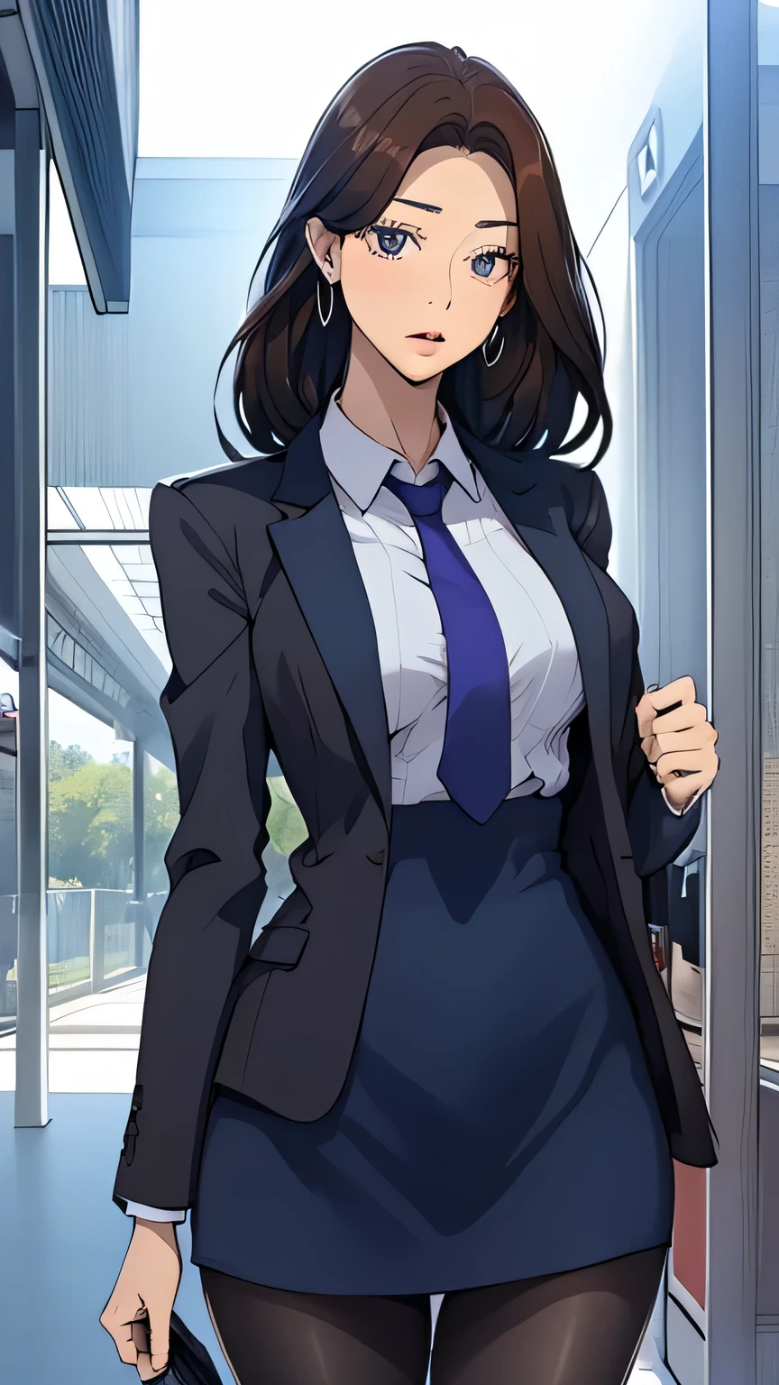 （ masterpiece，  best quality，  high quality ：1.4），  Professional Art ，  intricate details ， Field of view，  Sharp Focus ， Detailed Painting，  realistic lighting， PIXIV TRENDS ， （vivid lighting， vibrant colors：1.1），  true shadow，  Ambient Light Blocking ， （） （ becomes mature woman， Mature Woman：1.1），  Unique ， Standing， Strike a pose， （Final form， Quiet and confident， Dynamic posture，  fighting posture ：1.2）， （Epic Background：1.2）， （Full body shot ：1.15）， Viewers， Black Hair，  long hair， Lipstick， cosmetic，  Ultra Detailed Hair  ，   ultra-fine facial  ， （ blue-purple eyes：1.05），  The Perfect Eye ，  perfect face ， earrings， Skirt suit，  suit and tie ， （（（（Three piece set））），  Silk Dress Shirt ，  shirt and tie ， tie， （（（Casual suits））， （（（ suit jacket ）） （（vest））， （（Hip Mini Skirt）），  pantyhose，  tights ， stocking， （（ striped suit  ）），  heels， tie clip， Pocket Square，  suit ， （（（Cufflinks）））