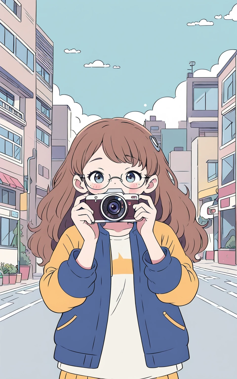  one woman、 has a camera、Glasses、smile、 long hair、 bust up、 simple background、street clothes 、