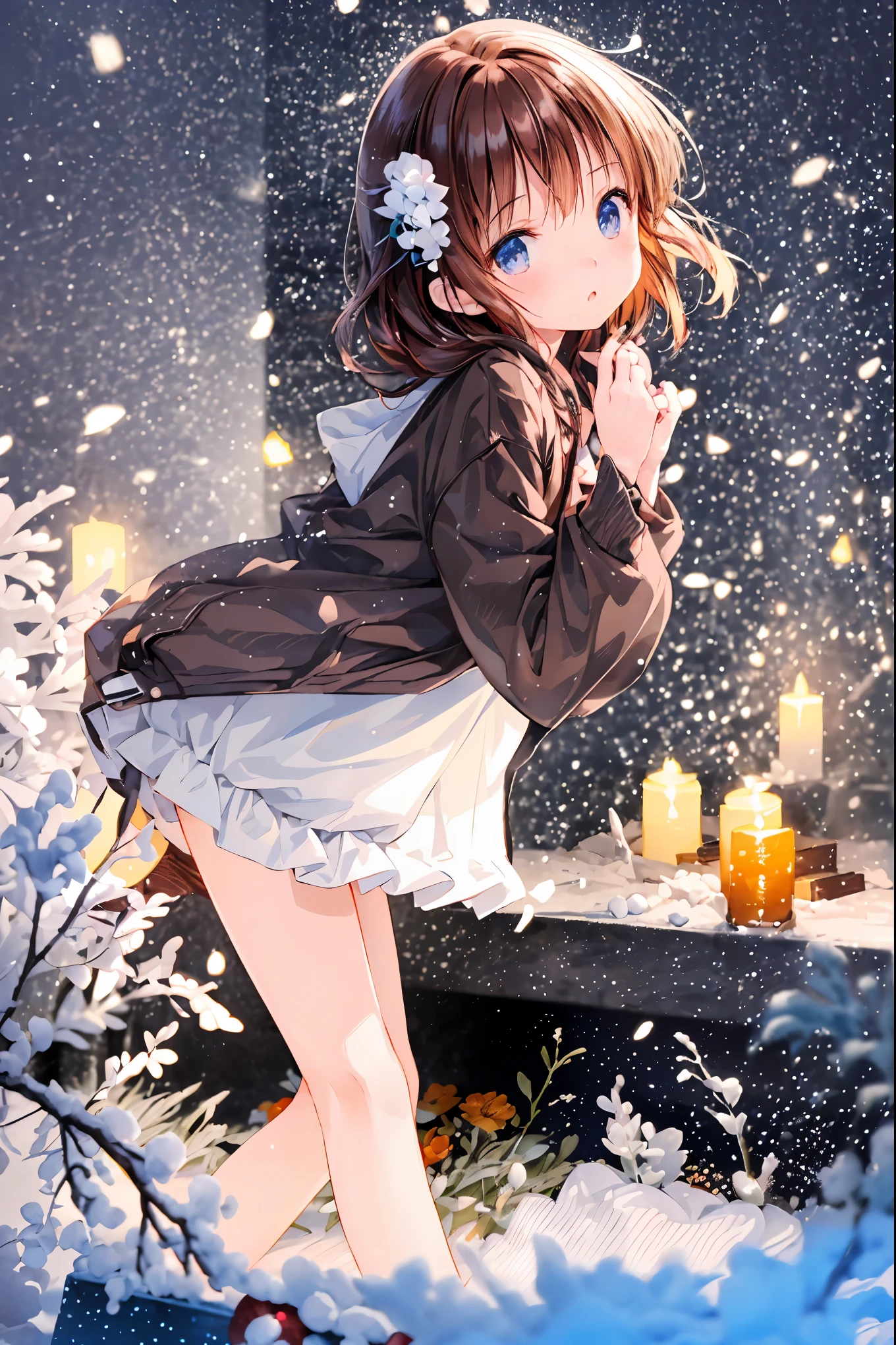 Winter clothes、Red coat、Bare legs、(     top quality ,Masterpiece:1.3,     Ultra-fine ),(      very detailed,      caustics,8k),(      realistic :1.4,RAW shooting),18 years old,      Japanese      ,      cute,  カメラを見て笑faceで   ,(     face    :1.2),(     faceクローズアップ  :1.2),(Low position:1.3),(      low angle:1.4),    brown hair，      Shortcut ，      slender beauty      ，      messy hair，Cityscape，   brown hair， Shortcut ， Unkempt Hair ，Short braided hair，Neat， slender beautiful woman，Correct posture，Small chest， Beautiful Legs， Enchanting gray-blue eyes are shining like stars，Droopy eyes， bright color, beautiful eyes,繊細な笑face,Textured Skin, Best Quality at its Best , gentle and beautiful woman , anime style､