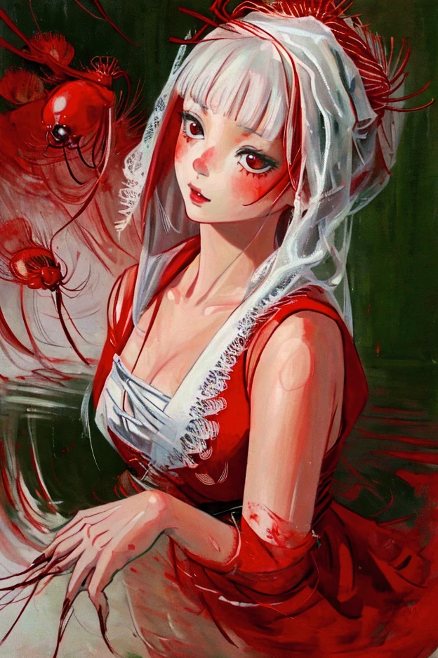 Girl Drawing,  Liar，Illusion，Red spider lily，Beautiful ,digital art oil painting， great detail，Riverbank