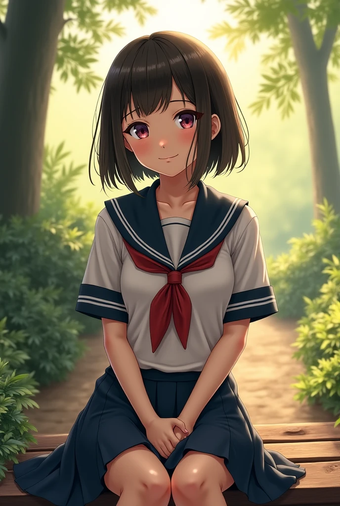 School girl sitting on the bench at a loving look