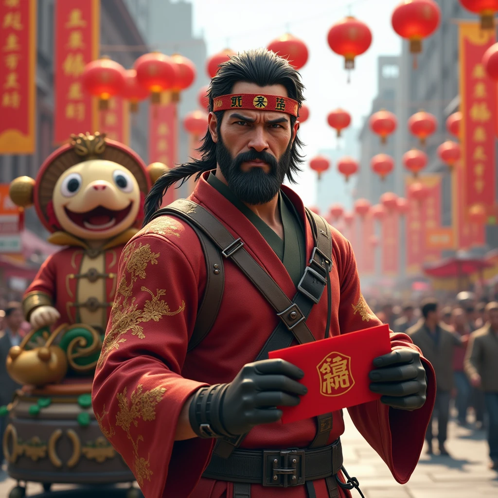 Video Game Character Solid Snake dressed in traditional Chinese attire with red and gold colors , has rugged beard stubble and wearing a bandana,  leading a Chinese New Year parade,  Behind him there is a float featuring a cartoon snake character dressed in Chinese Attire, Float has Plum Blossoms and decorative greenery, lanterns, crowd holding up signs saying "Year of the Snake" , (Chinese New Year parade banners with "Year Of The Snake"