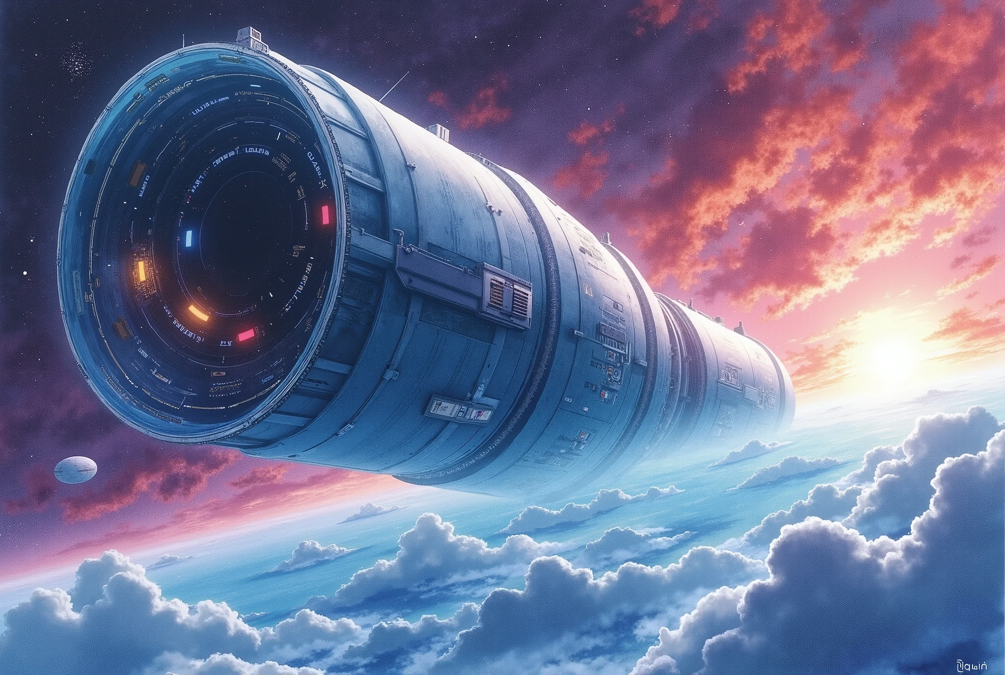 (Masterpiece:1.2,  top quality,  ultra high definition,  very detailed,  BEST ILLUSTRATIONS),8k,16k,wallpaper,space colony,,(Cylinder-shaped glass-walled space colony :2.0),(people類が増えすぎたpeople口を宇宙に移民させるようになって半世紀が過ぎた:2.0),(地球の周りの発達したpeople工都市はpeople類の第二の故郷となり、peopleはそこで子を産み、Raising 、 died :2.0),( Space Century 0078 :2.0),( Space Colony Side 3 called the Principality of Zeon :2.0),( The Principality of Zeon challenged the Earth Earth Federal Government to the War of Independence :2.0),(地球連邦とジオン公国の総people口は半分を死にいたらしめた:2.0),(people々was terrified by his own actions.:2.0),(watercolor:2.0),(The background is outer space:2.0),( and express the huge feeling of the cylinder-shaped Space Colony with depiction from below :2.0),(watercolor画)
