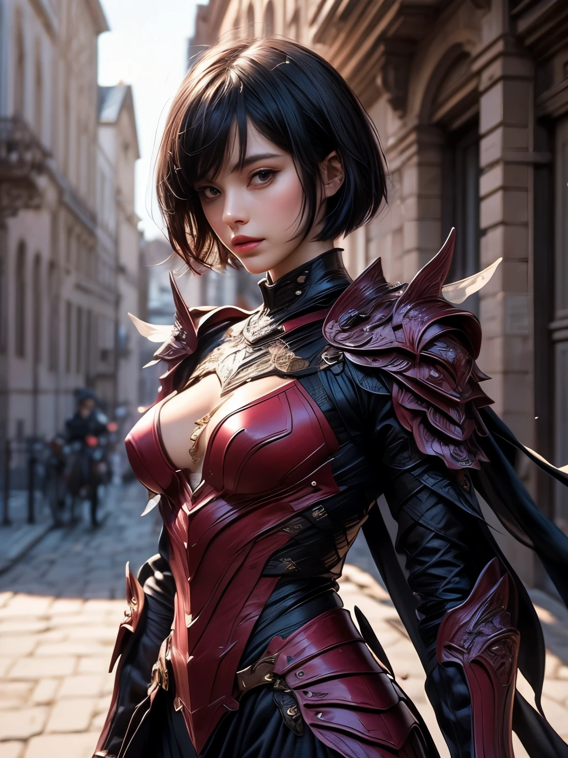 (((Best Quality))), ((Ultra-detailed)), (extremely detailed photo), ((extremely delicate and beautiful)),(Cute delicate face), ((masterpiece)), perfect anatomy, intricate, (highly detailed), masterpiece, photorealistic, (Tall and cool 35 year old boyish girl),(red and black armor:1.3), ((Castle Town)) ,(upper body),,alone,black hair,(pixie cut hair),(dynamic pose), looking at viewer, double eyelid,delicate skin,slender body shape,big breast