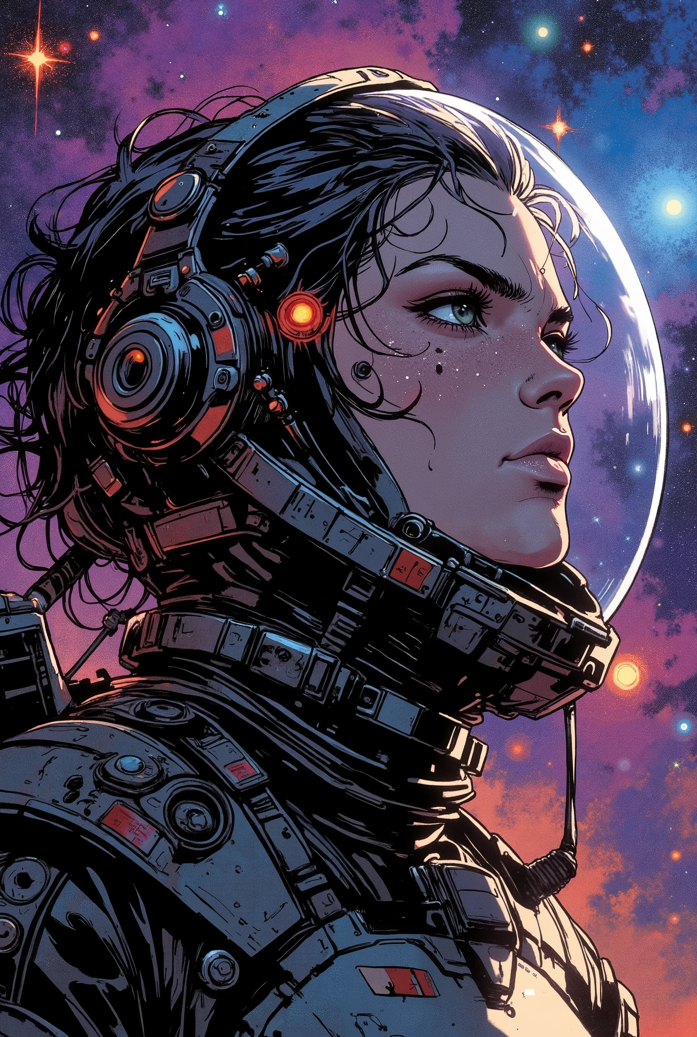 A stellar cartographer in a radiation-shielded observation suit covered in astronomical instruments and stellar analysis tools. She maps newly discovered solar systems using an array of sensors built into her suit's expanded collar and shoulders. Gravitational data flows across her visor in complex patterns only she can interpret. The observation dome provides a clear view of a triple star system being born in a nebula cloud. Her hair has been replaced with sensory filaments that detect stellar radiation, while her eyes show astronomical data in their enhanced corneas. Fantastic lighting. Detailed shadows.intricate details, vivid colors, hyper-detailed, ultra-sharp